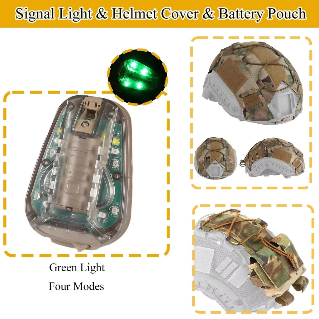 Airsoft Tactical FAST PJ Helmet Set with Camo Cover, Headset, GPNVG-18, L4G24 NVG Mount, Signal Light, Counterweight Pouch