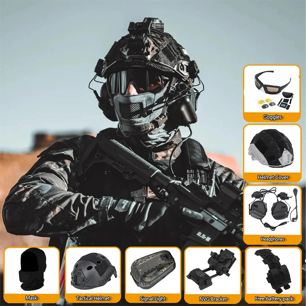 Fast Tactical Helmet Special Forces Equipment Set with Headset NVG Model Mask Goggles Signal Light for Call of Duty CS Cosplay