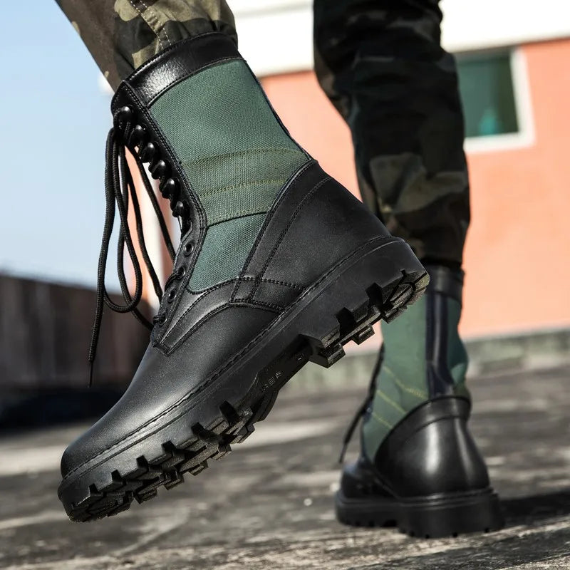 Men Combat Boots  Green Canvas Patchwork High Top Men Tactical Boots Lace Up Non Slip Outdoor Hiking Work Ankle Boots Men