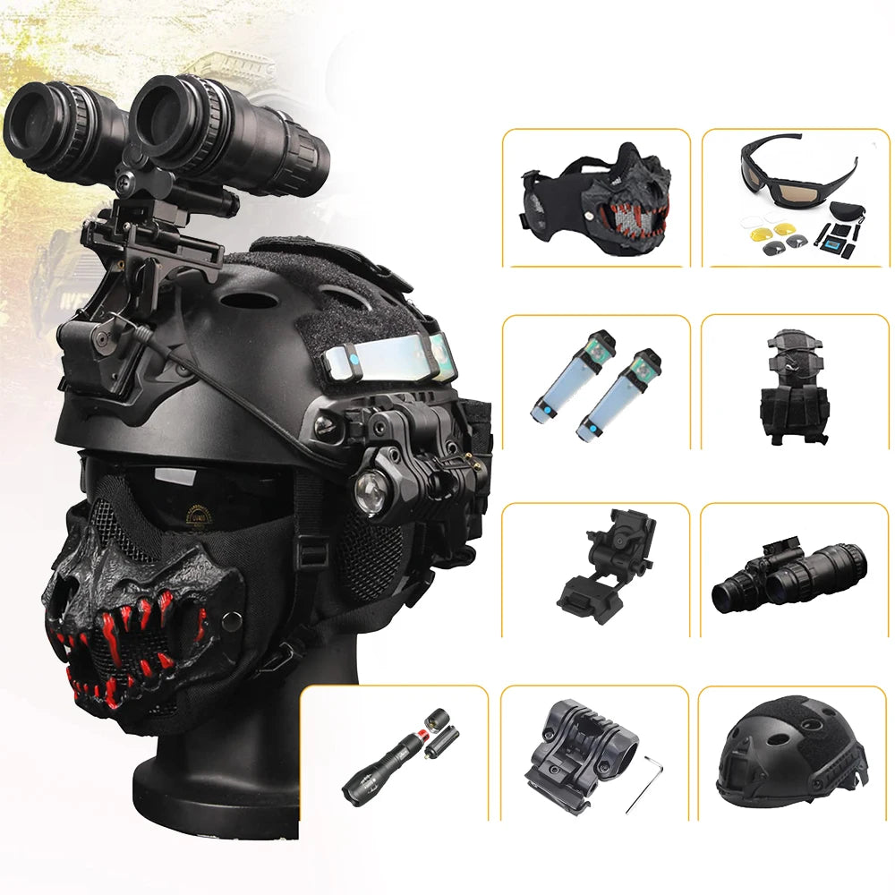 Tactical Helmet Set With Mask Airsoft Goggles Helmet Light Binocular NVG Mount Flashlight For Cs Game Hunting Halloween Cosplay