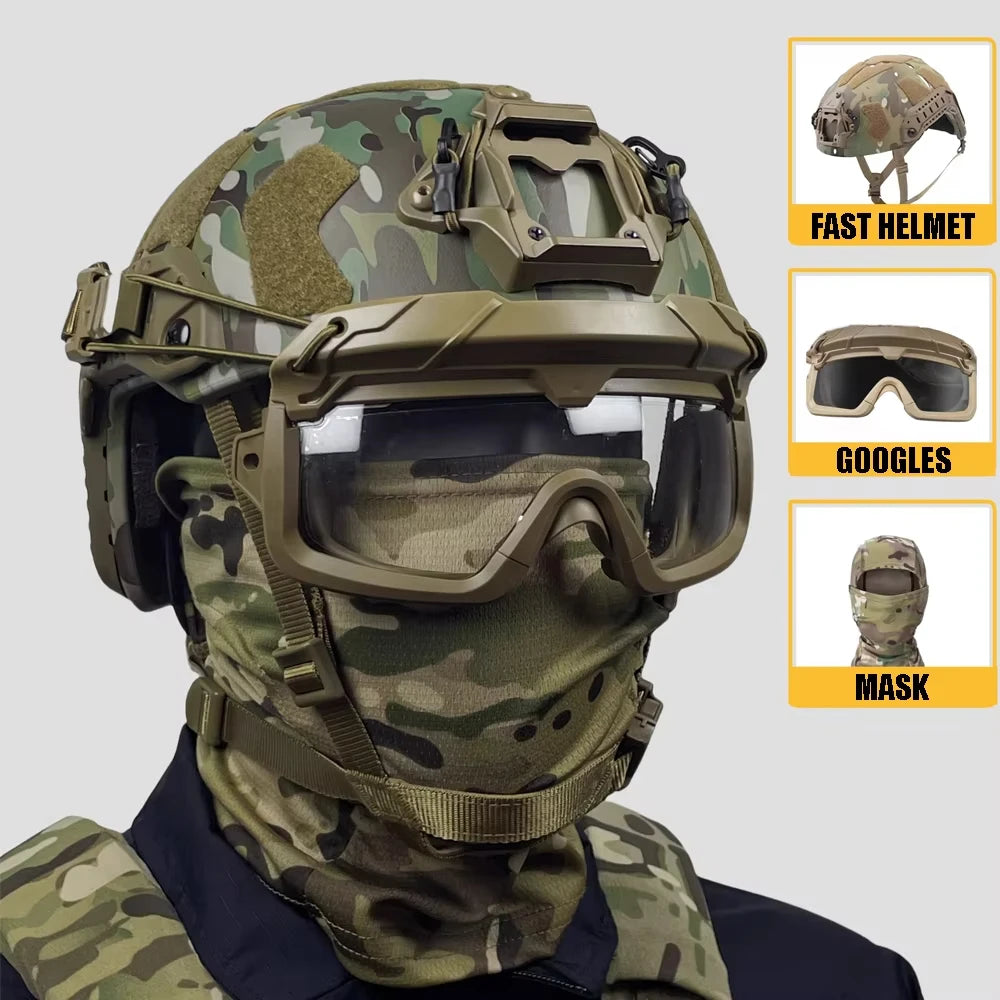 Tactical Helmet Set with Airsoft Goggles Headset LG24 Mount Identification Light Battery Pouch Camera Model Balaclava Mask