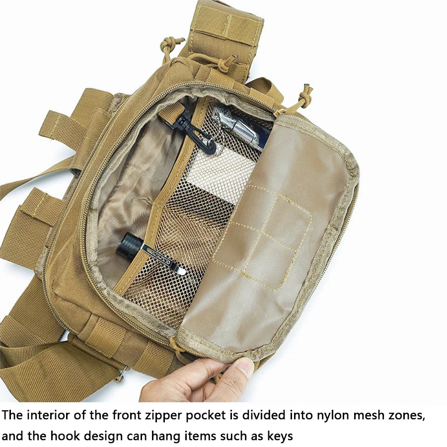 Cycling hiking bag, field camping portable bag, double zipper multi compartment MOLLE webbing system, hidden expandable mesh bag