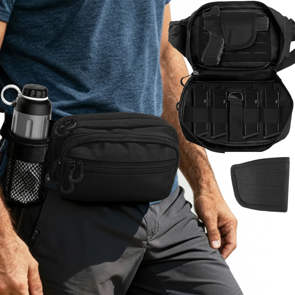 Quick Opening Gun Bag Concealed Carry Pistol Holster Bag Handgun Magazine Holder Tactical Fanny Pack with Hidden Bottle Pouch