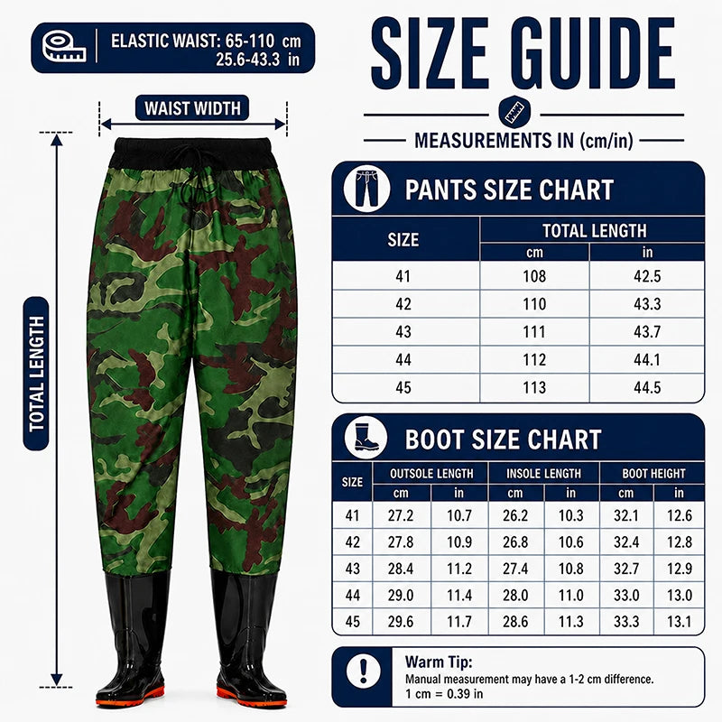 Camo Waist Waders Fishing Pants with PVC Boots, Adjustable Drawstring Wading Trousers, Lightweight Outdoor Hunting Hiking Gear