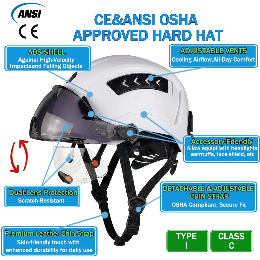 CE ANSI Safety Helmet Double Goggles Sliding Vented ABS Hard Hat Construction Site Work Cap for Industrial Engineering Gear
