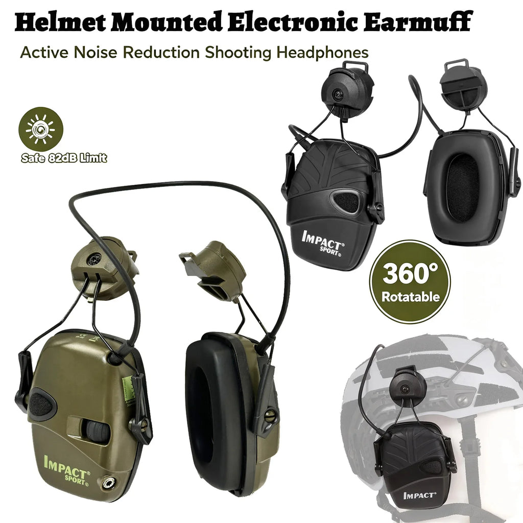 Electronic Hearing Protection Earmuff for Helmet Side Rail, Ambient Sound Amplification to 82dB , 360° Swivel Mount