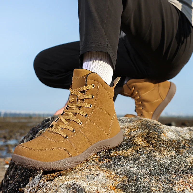 Outdoor Wide Toe Barefoot Men Hiking Boots Minimalist Leather Ankle Boots Zero Soles Winter Couple Walking Casual Sneakers