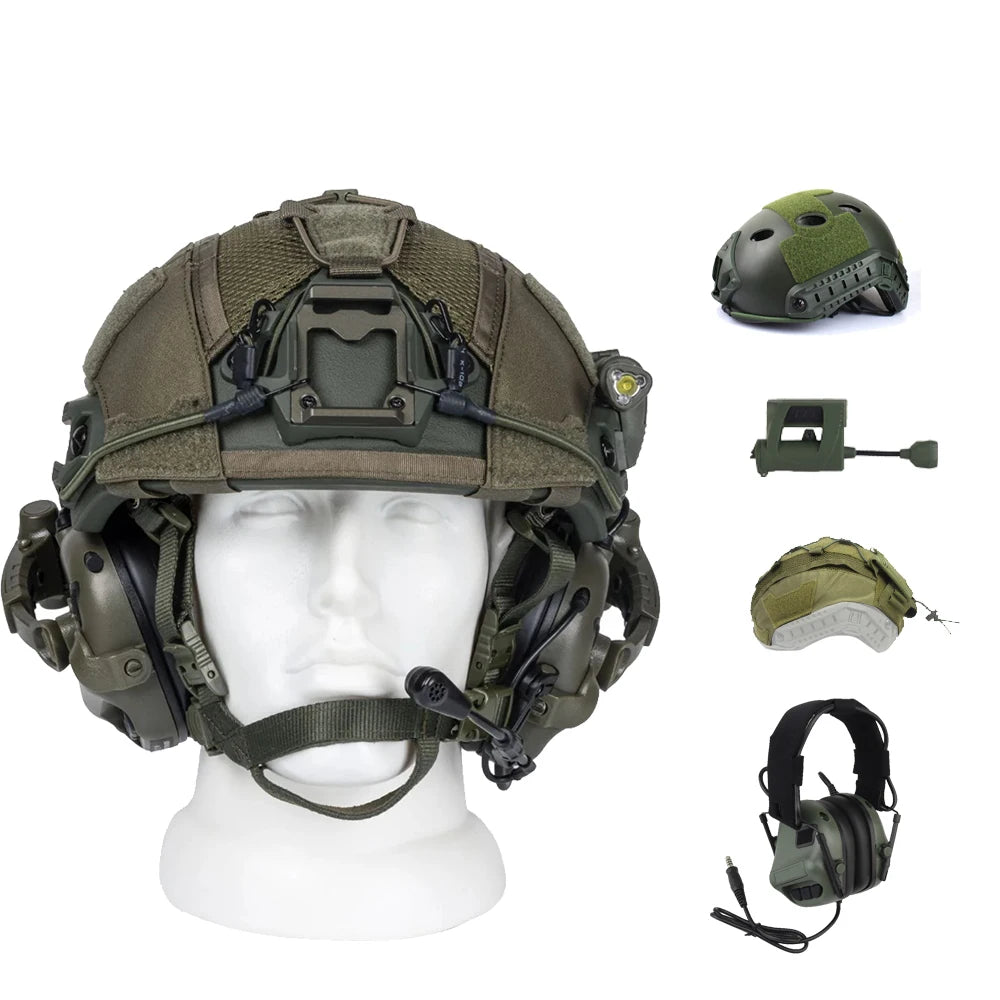 Tactical Airsoft Helmet Set FAST Protective Helmet with Earphones Helmet Cloth Helmet Light for CS Hunting Shooting Rrole Play