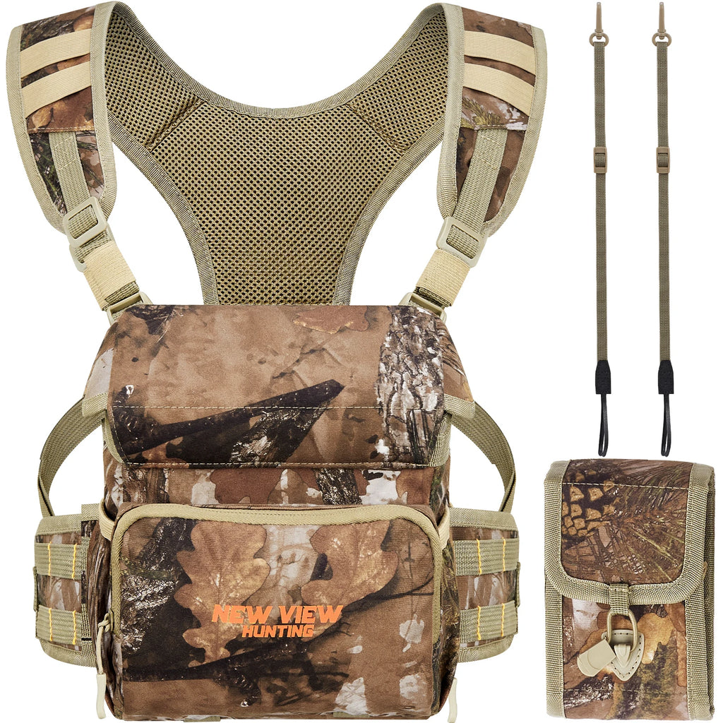 NEW VIEW Quiet Binocular Harness Chest Pack with Detachable Rangefinder Pouch, Adjustable Bino Harness & Rain Cover