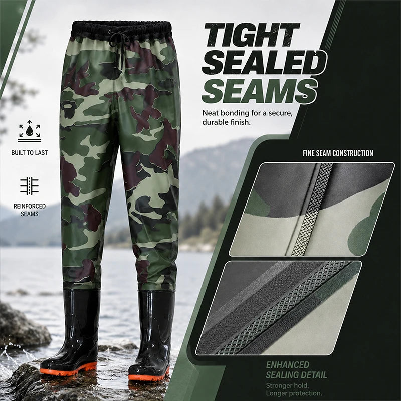 Camo Waist Waders Fishing Pants with PVC Boots, Adjustable Drawstring Wading Trousers, Lightweight Outdoor Hunting Hiking Gear