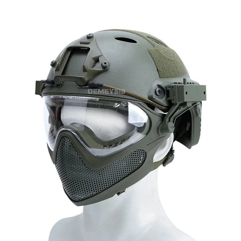 Tactical Helmet + Mask + Goggle Sets Airsoft Shooting FAST PJ Helmets Wargame Cs Paintball Full Face Protection