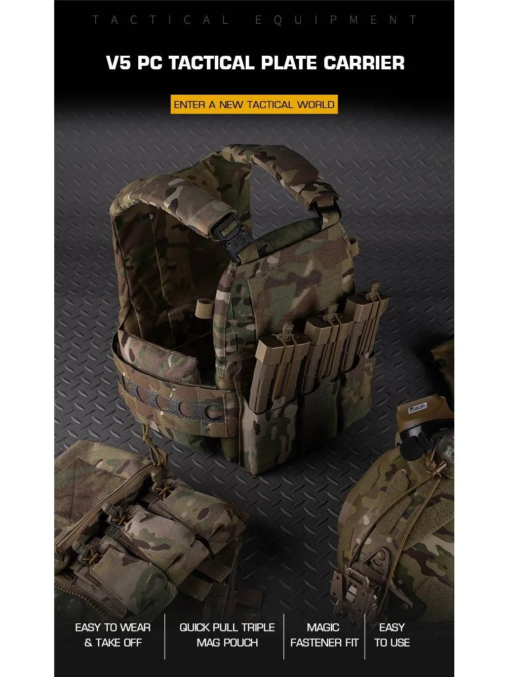 V5 FCPC Tactical Plate Carrier Quick Release Portable Body Armor Molle Airsoft Hunting Vest with 556 Triple Magazine Pouch