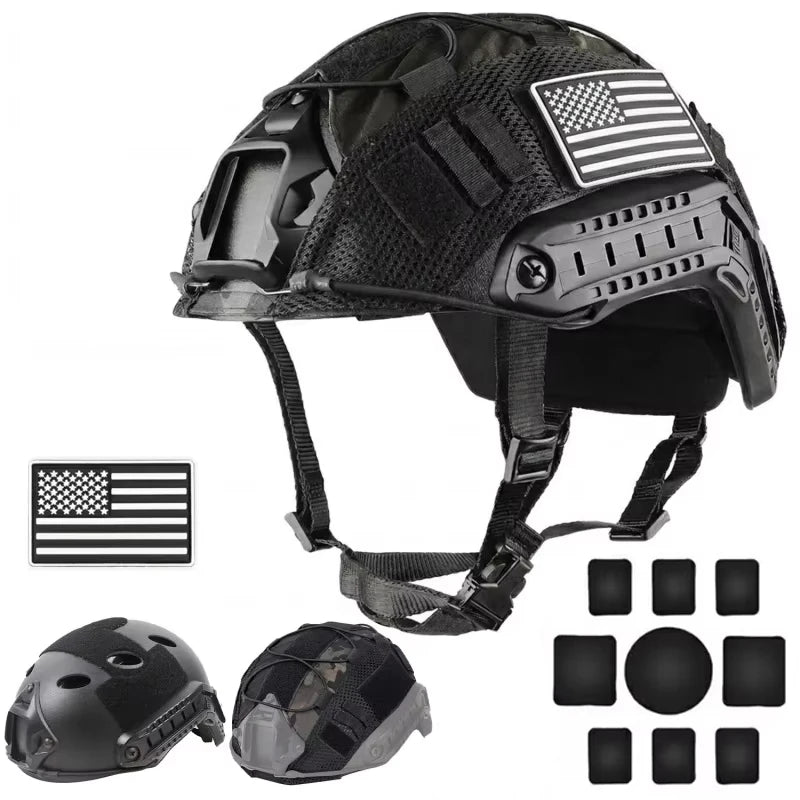 Tactical Fast PJ Helmet with Helmet Cover Pads Airsoft Paintball Combat Training Protection ABS Helmet with Magic Patches