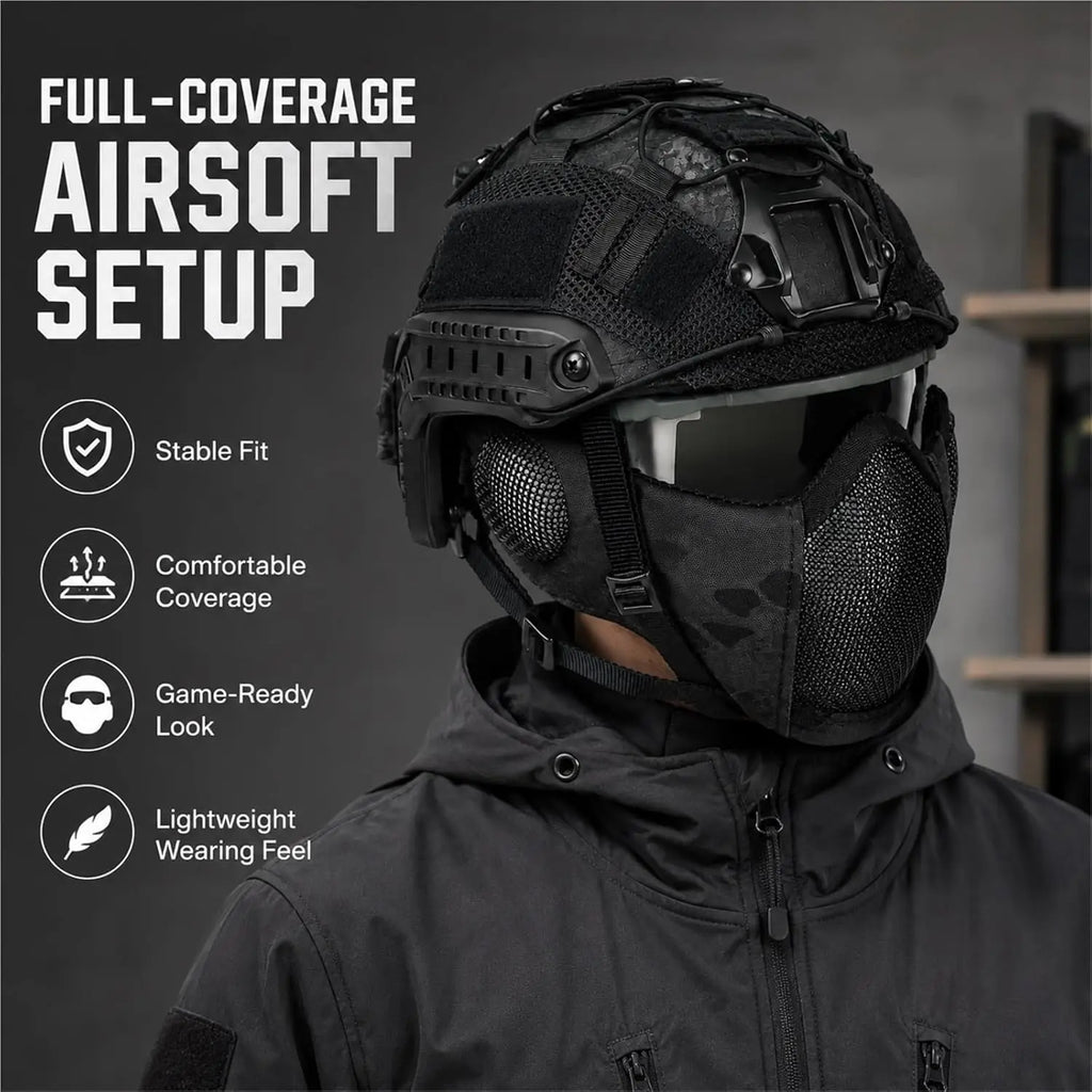Tactical Airsoft Helmet Set with Mesh Mask Goggles Helmet Cover Rear Battery Pouch with for Paintball Hunting Military Training