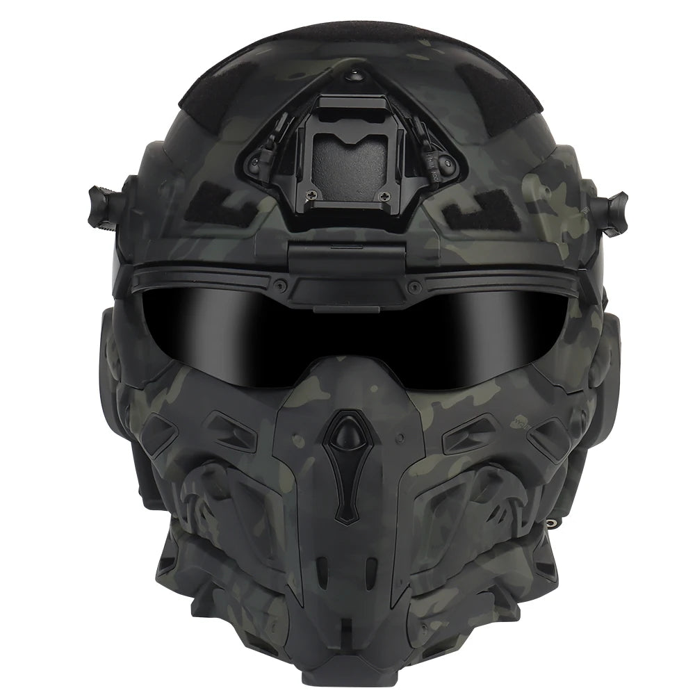 Assault I Airsoft Helmet Full Face Tactical Helmet with HD Headset Anti-Fog Fan 2 Pairs Lens Flip Mask for Outdoor CS