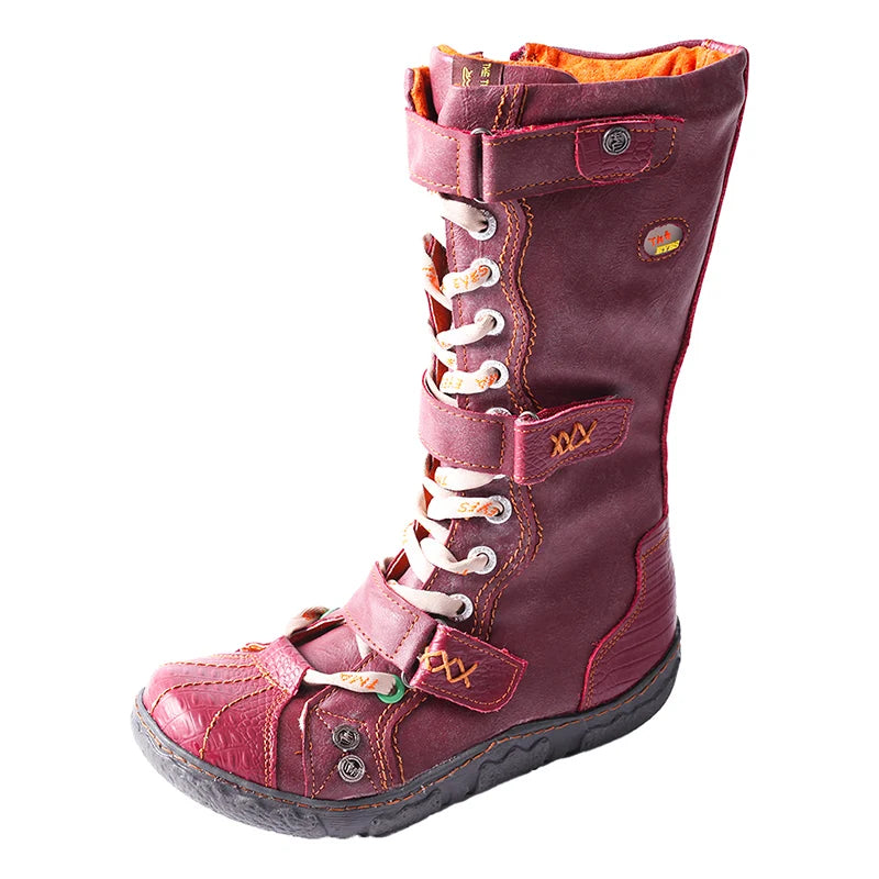 TMA EYES Strape-Accent Washed PU Leather Flat  Winter Warmth Women's Boot With Plus Size