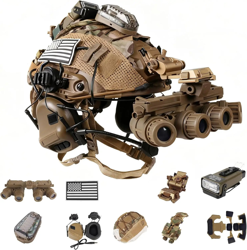 Tactical Helmet with Headset 4 in1 Upgraded Adjustable with Helmet Cover Signal Light for Airsoft Cosplay Military Tactical Gear