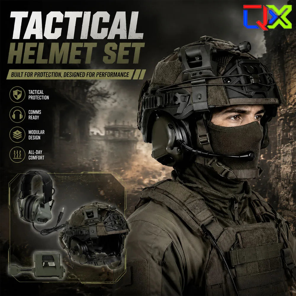 QX 5-in-1 Tactical Bump Helmet Set with Communication Headset LED Headlamp for Airsoft Paintball Training Cosplay Gear