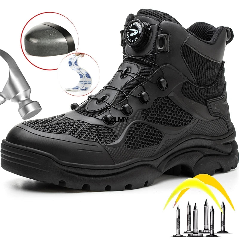 Rotated Buckle Men's Work Safety Boots Steel Toe Safety Shoes Anti-smash Anti-stab Sneaker Men High Top Rubber Safety Work Boots
