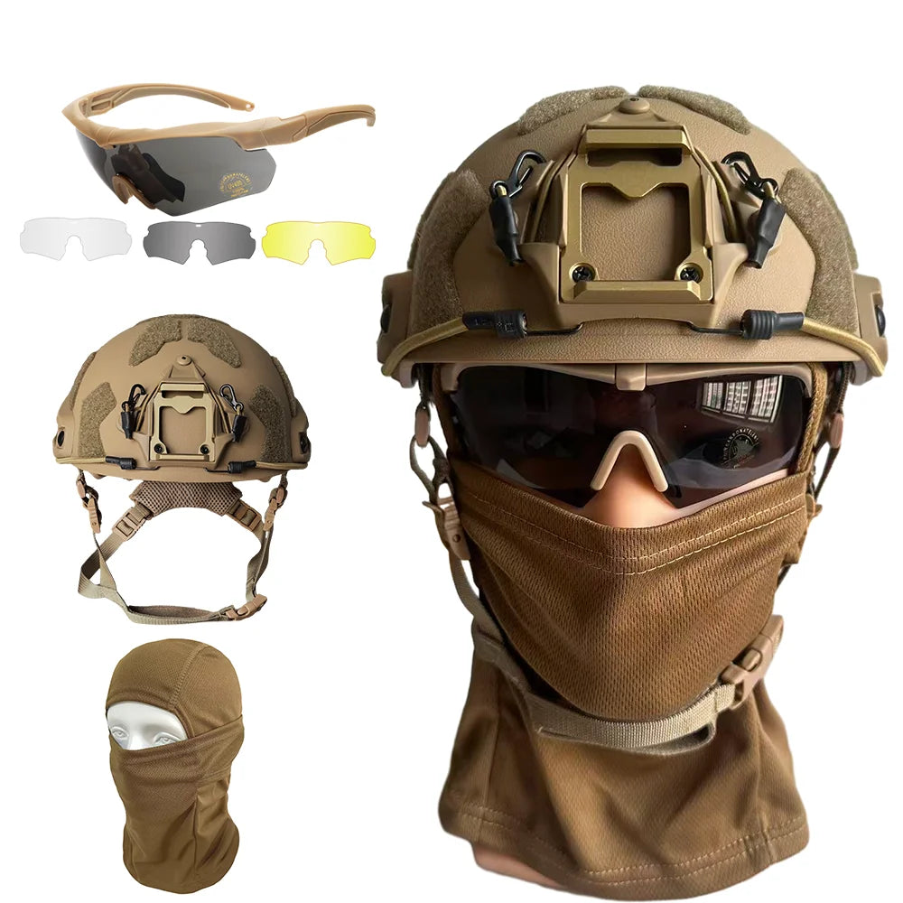 Military Tactical Helmet Set - Multi-Lens Goggles & Full Face Mask, Riot Airsoft CS Protective Gear for Outdoor Sports