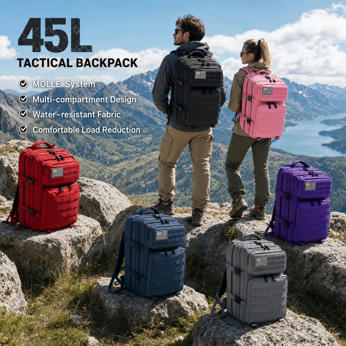 45L Tactical Travel Backpack Molle Storage Bag Large Capacity Multi Pocket Wear Resistant Camping Hiking Trekking Rucksack Durable Outdoor Mountain Climbing Daypack For Men Women Travellers Bushcraft Wilderness Trip Daily Commute Luggage Bag