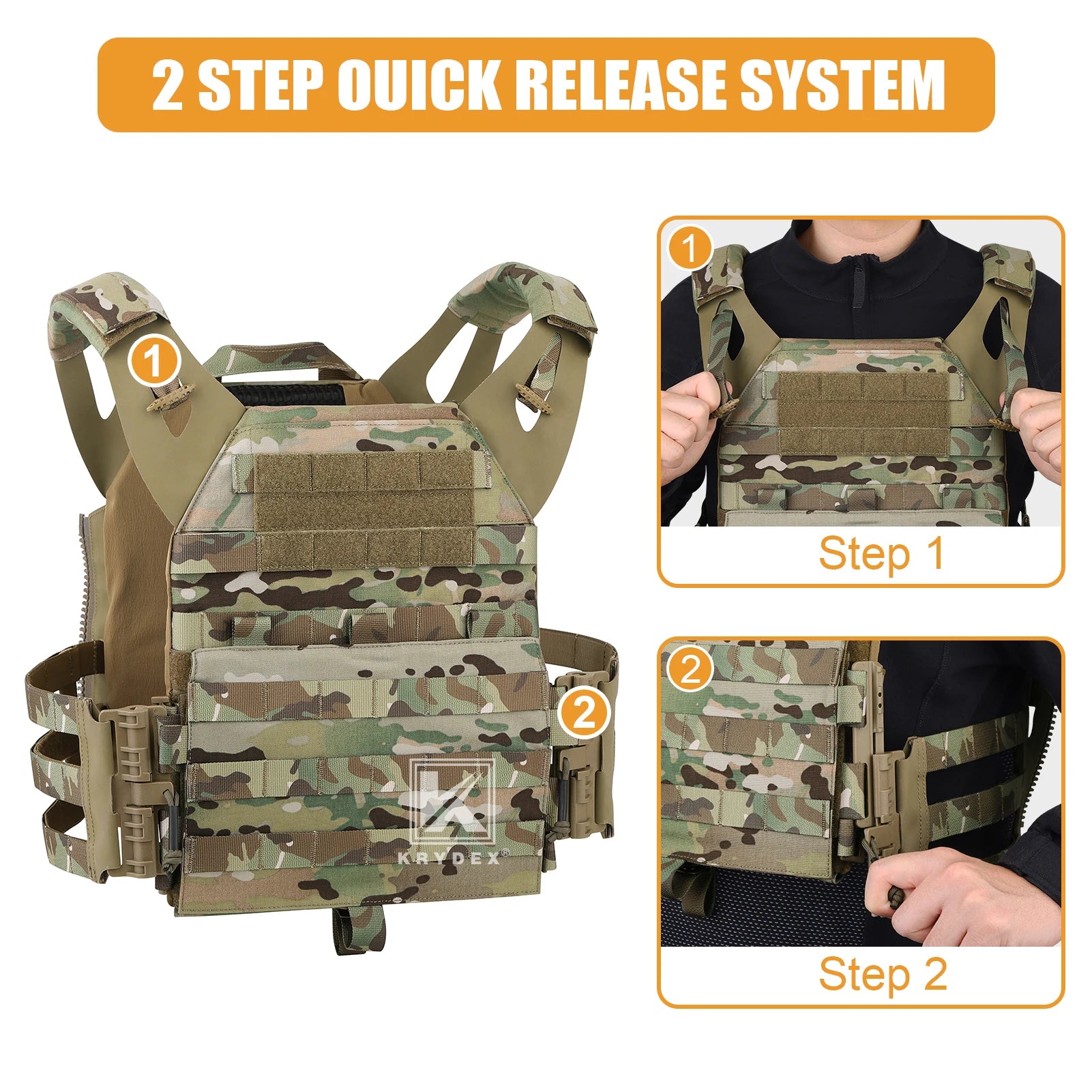 KRYDEX 500D Tactical JPC 2 Vest Plate Carrier With Detachable MOLLE Front Panel Airsoft Paintball Quick Release Vest