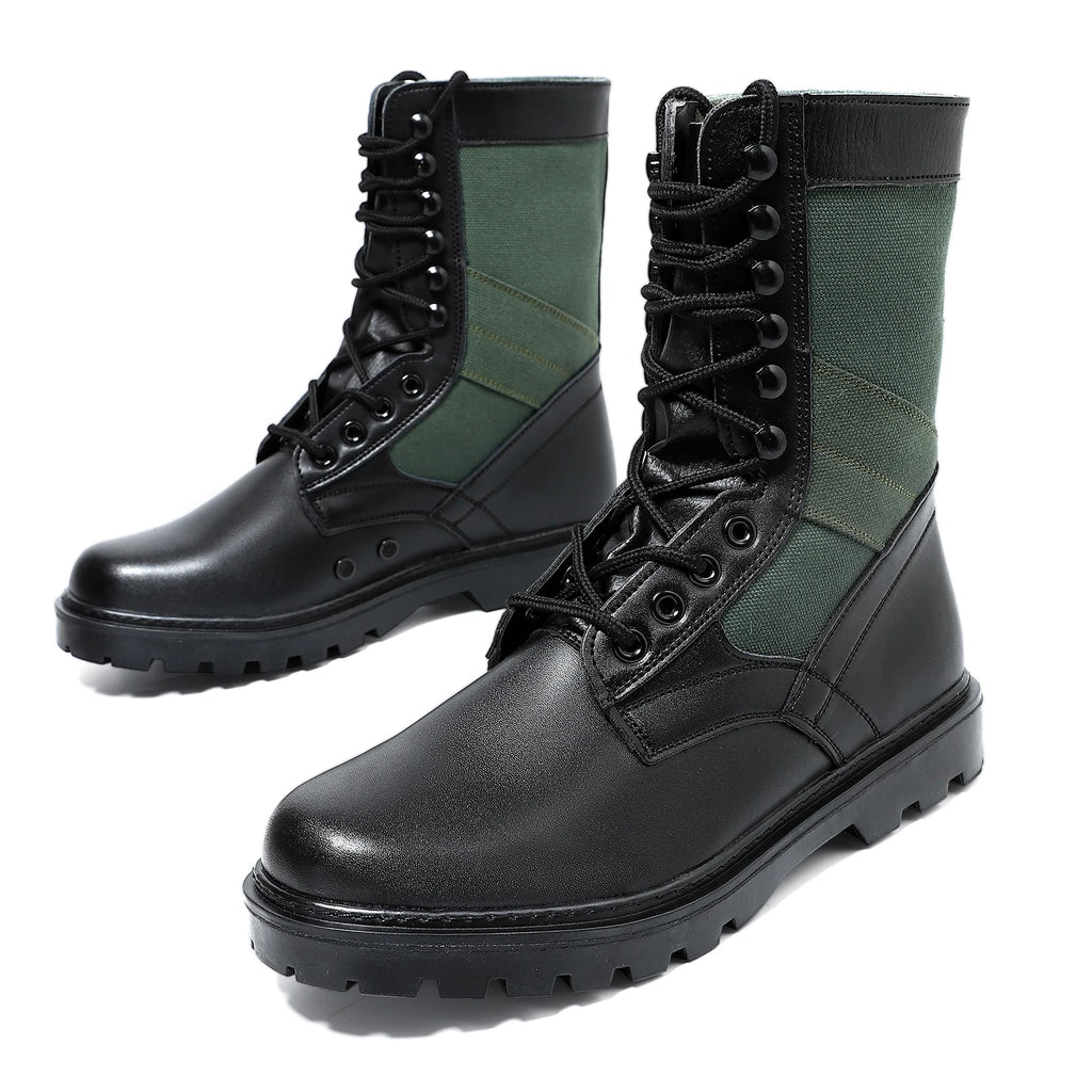 Men Combat Boots  Green Canvas Patchwork High Top Men Tactical Boots Lace Up Non Slip Outdoor Hiking Work Ankle Boots Men