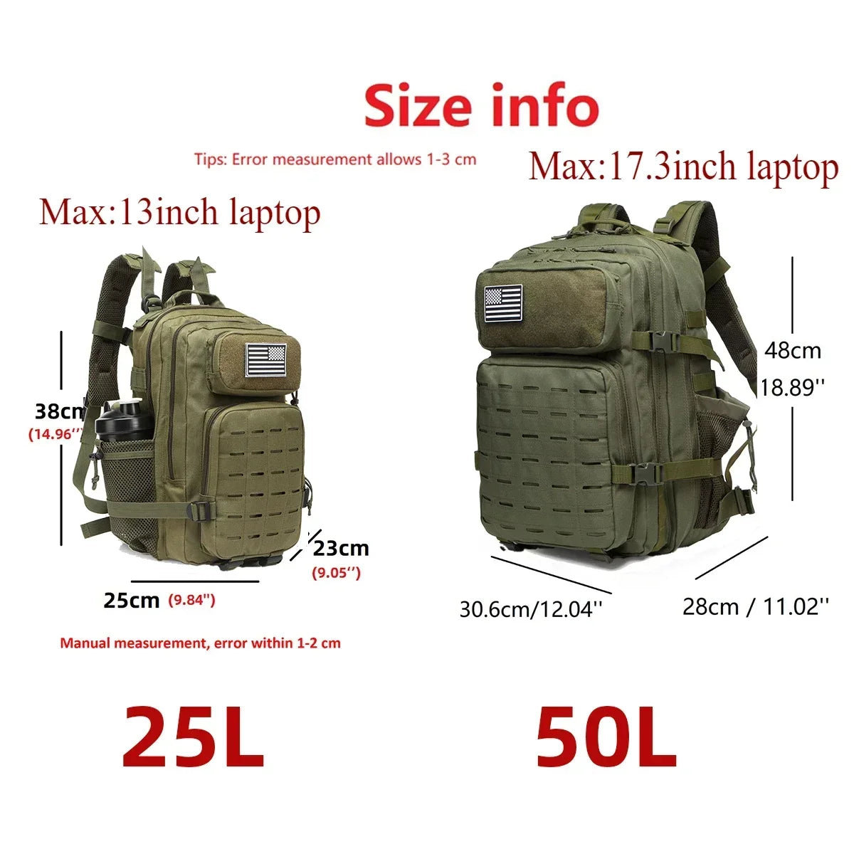 25L/50L Waterproof with 2 Bottle Holders Backpack Gym Outdoor Travel Hiking Fishing Trekking Backpacks 13inch Laptop Bag