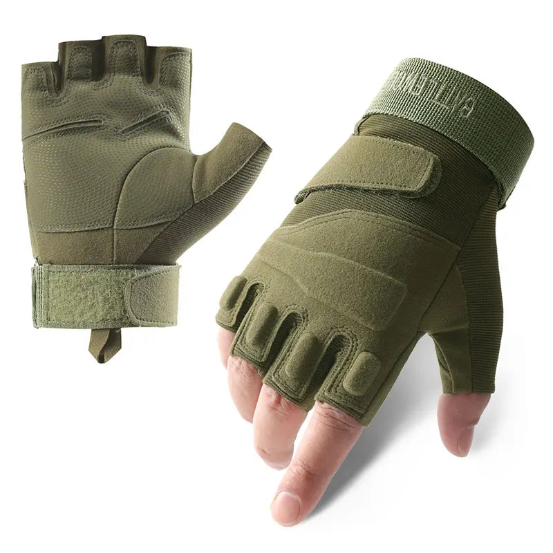 Tactical Half‑Finger Gloves for Men Adjustable Wrist Strap Shock Absorbing Gloves for Cycling Shooting Camping Work