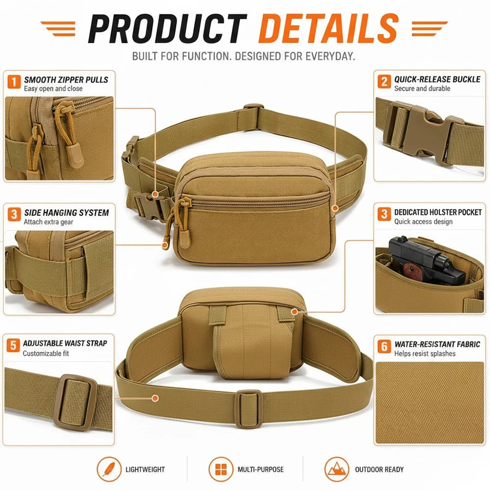 Tactical Waist Fanny Pack Concealed Carry Pistol Gun Bag Anti-Theft Hidden Gun Hip Bag Crossbody EDC Tool Bag for Hunting Hiking