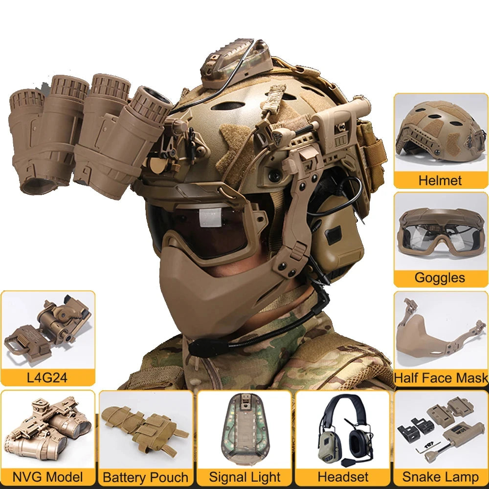 Tactical Airsoft Helmet Set with Headset Mask Night vision Goggles Battery Pouch Signal Lights For Hunting CS Paintball Shooting