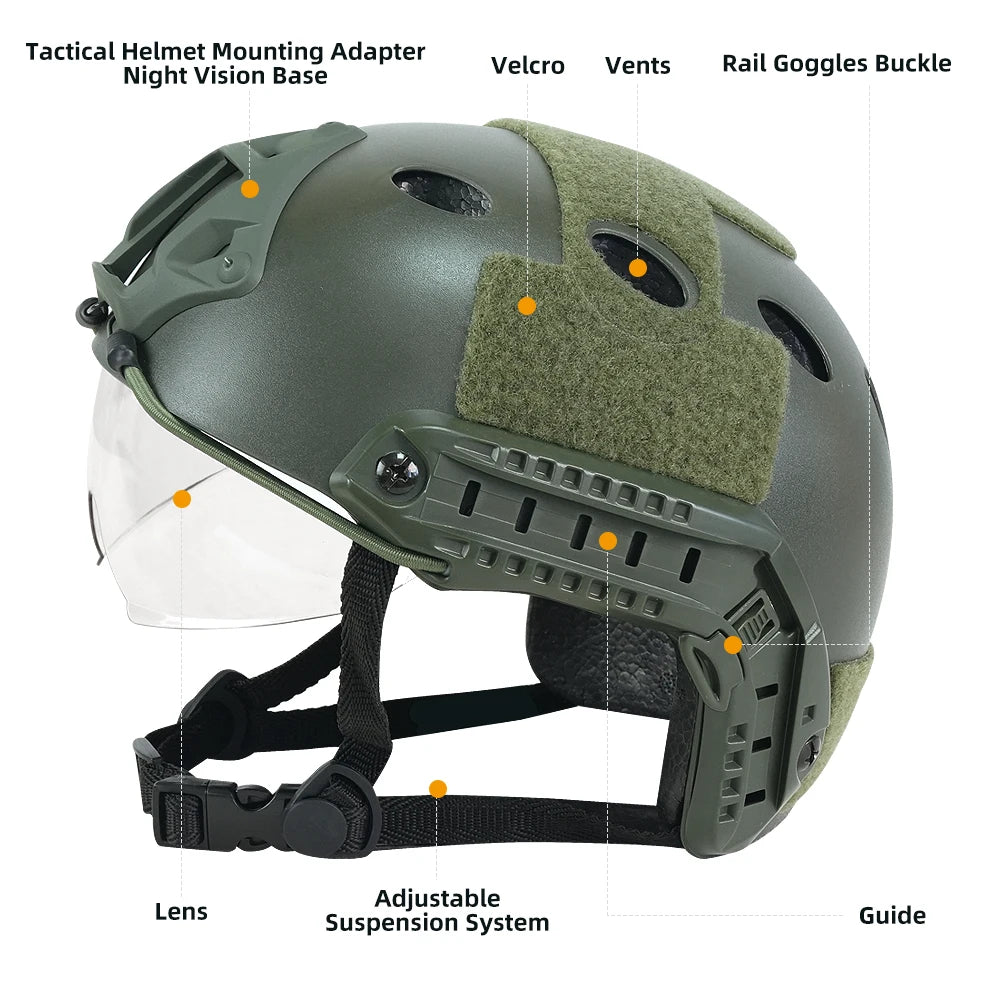 BOOIU Tactical FAST Helmet With Protective Gear Goggle MH PJ ABS Up and Down Flip Goggle Helmet Airsoft Shooting Hunting Helmet
