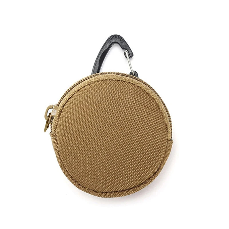 Mini Tactical EDC Coin Purse Round Zipper Key Holder Nylon Storage Pouch with Carabiner Clip for Daily Use Outdoor Accessories