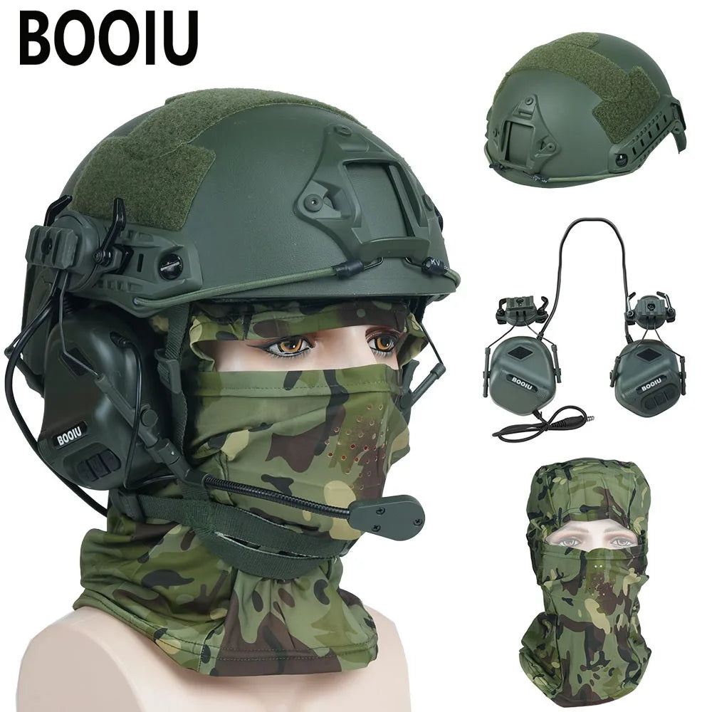 BOOIU Tactical Airsoft Helmet Set Adjustable Paintball Outdoor Hunting Shooting Protective Headset ABS Helmet with Mask Earphone