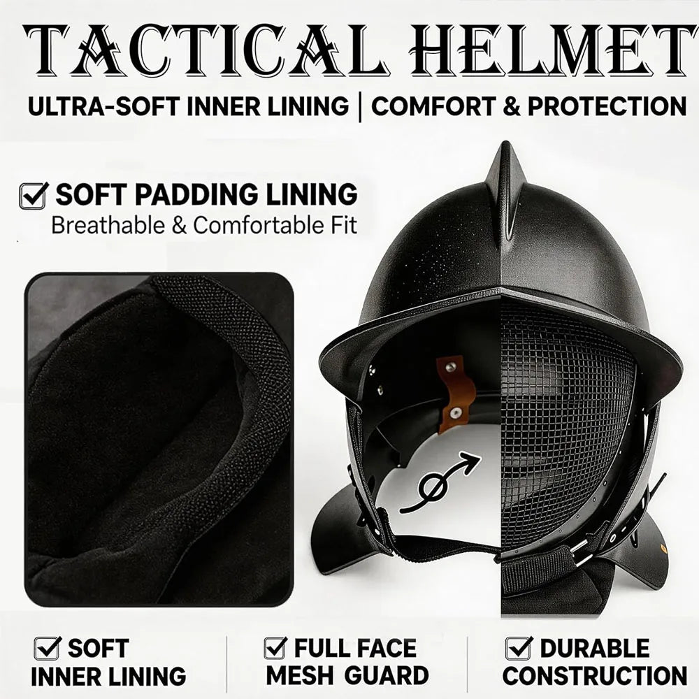 Tactical Fencing Helmet with Steel Wire Mesh Visor Adjustable Neck Protection for Medieval Combat Training SCA Reenactment