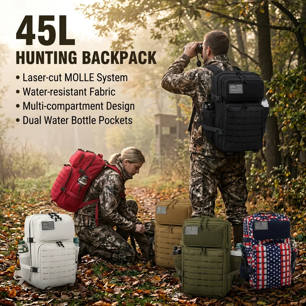 45L Large Capacity Tactical Hunting Backpack For Men With MOLLE Webbing System Dual Cup Holders Outdoor Survival Hiking Camping Rucksack For Wilderness Trip Travel Daily Work Commute Outdoor Camping Activities Gear Storage Backpack