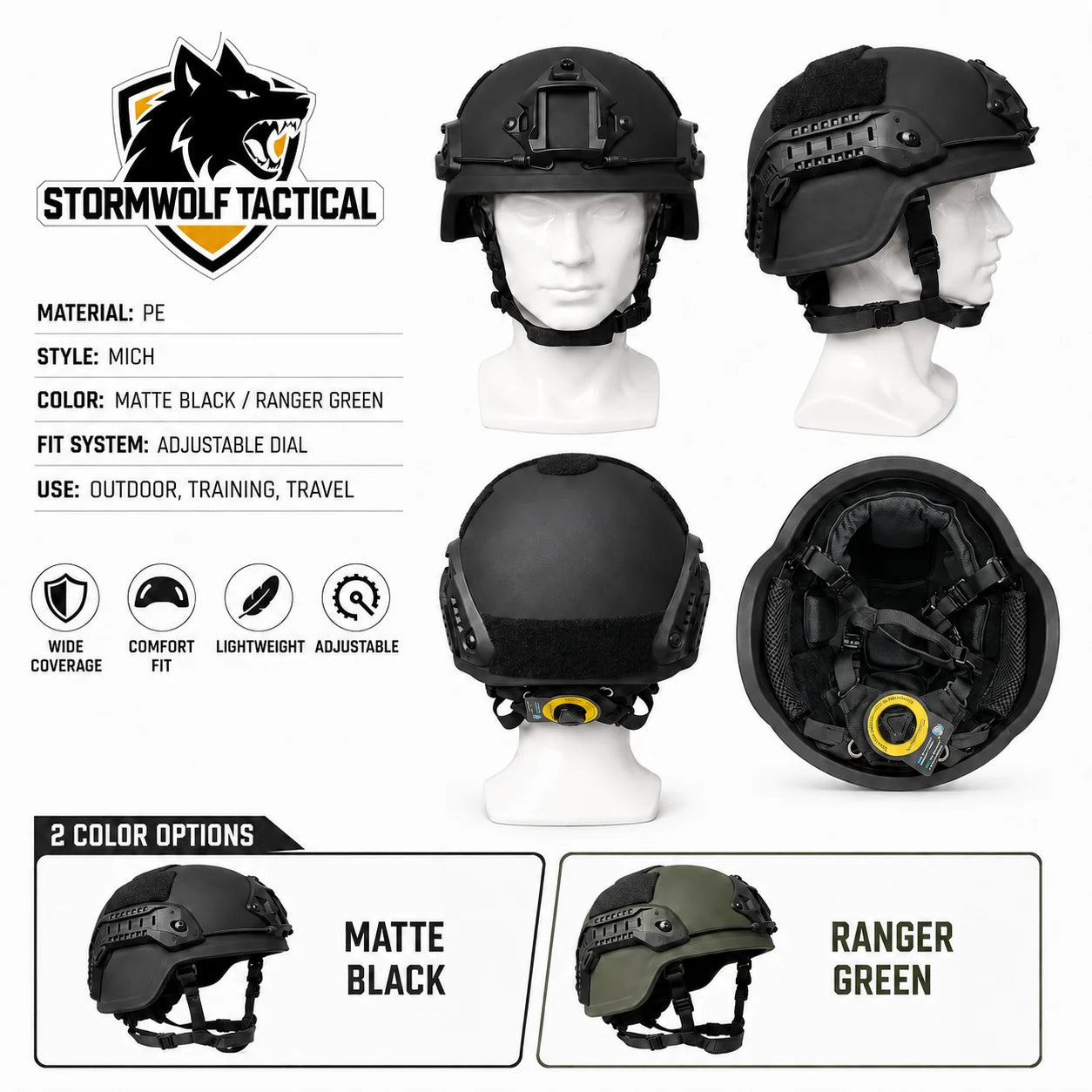 PE MICH Style Outdoor Sports Helmet Lightweight Headgear with Adjustable Suspension Liner Side Rail for Training