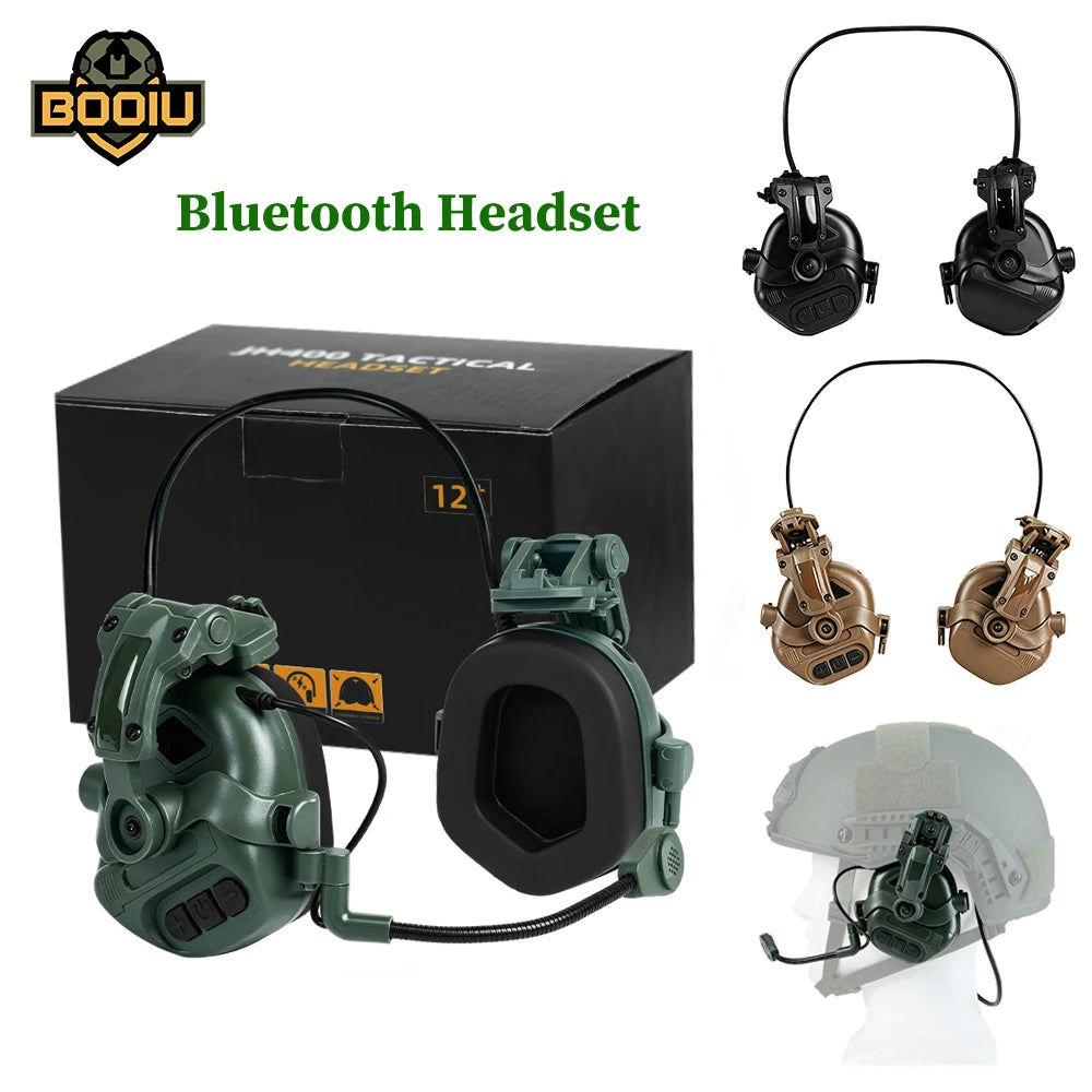 BOOIU Tactical Bluetooth Headset Shooting Headphones Fast Helmet Earmuffs Protection Ear Hunting Training Headset with Stand