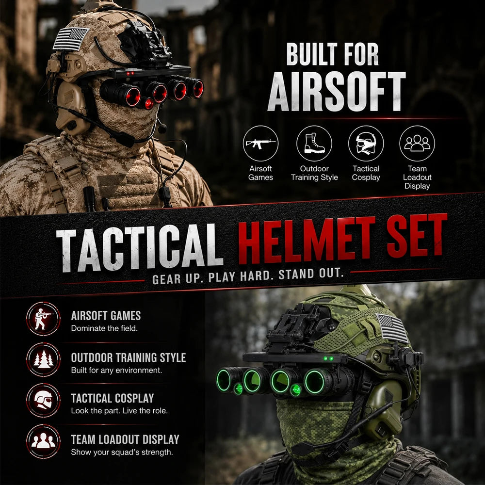 Tactical Airsoft Helmet Kit with Quad NVG Model Red Green Light Cover Headset Strobe for Paintball CS Cosplay
