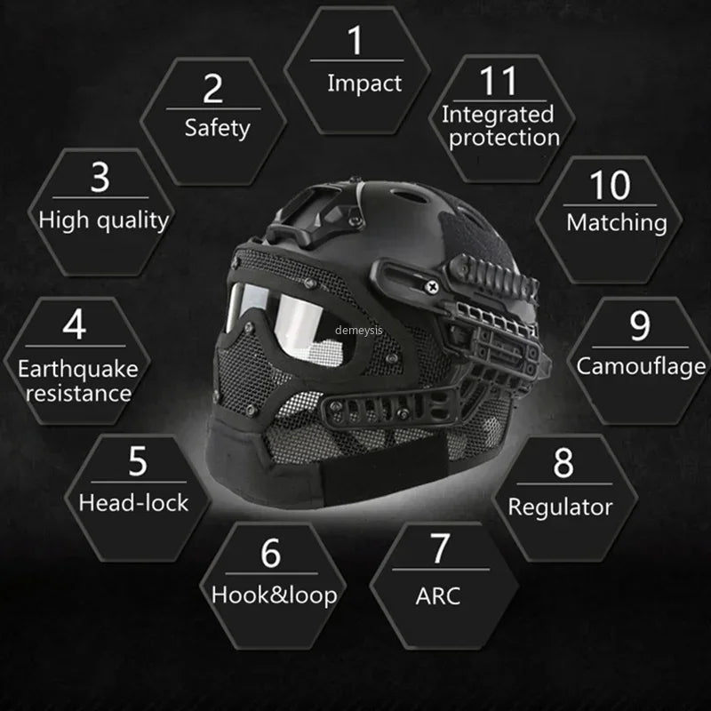 Full Covered Airsoft Helmet Camouflage Tactical Shooting Paintball Protection Helmet Adjustable Hunting Wargame Mask Helmets Set