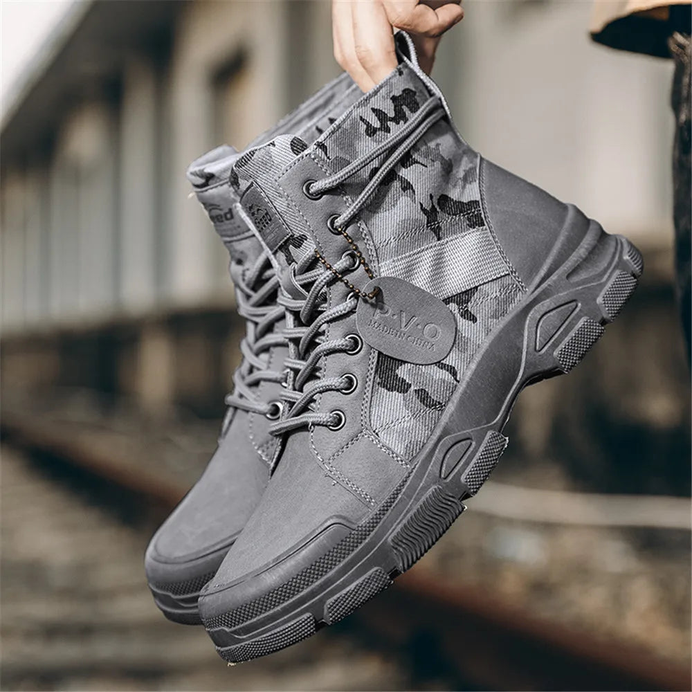 Men's canvas boots autumn winter new plus velvet high-top warm casual boots outdoor boots camouflage tooling boots desert boots