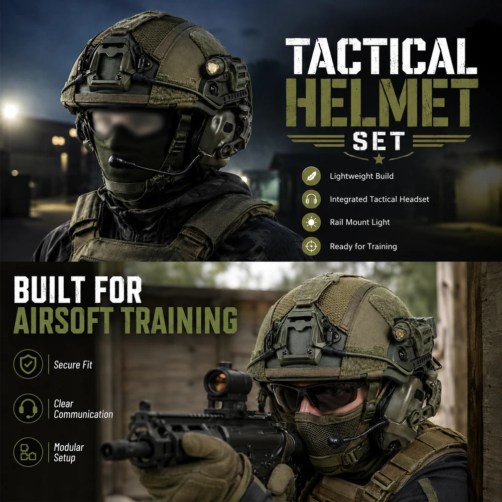Tactical Airsoft Helmet Kit with Headset, Rail LED Light & Mesh Cover, Lightweight FAST Helmet for Paintball Wargame