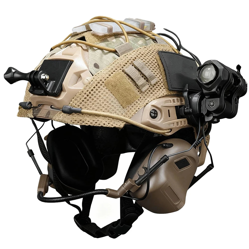 Tactical Helmet Set 6-in-1 Fast Airsoft Helmet Kit with Communication Headset Signal Lights Flashlight for CS Paintball Hunting