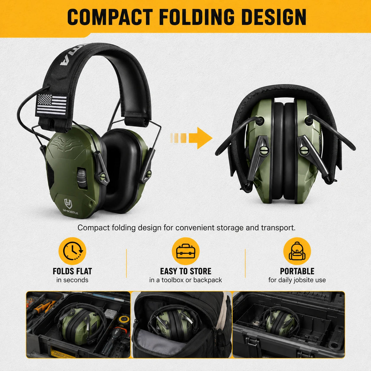 YHKEMA E60X Electronic Shooting Earmuff Anti-noise Headphone Sound Amplification Hearing Protection Headset Foldable with case