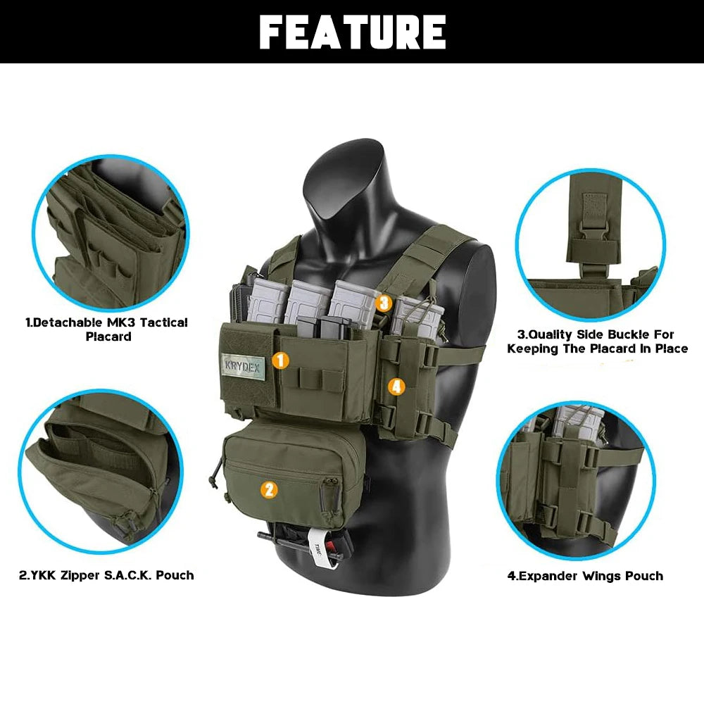KRYDEX Tactical Micro MK3 MK4 Chest Rig Lightweight Vest with 5.56 7.62mm Mag Pouch Dangler Drop Pouch Paintball Outdoor Vest