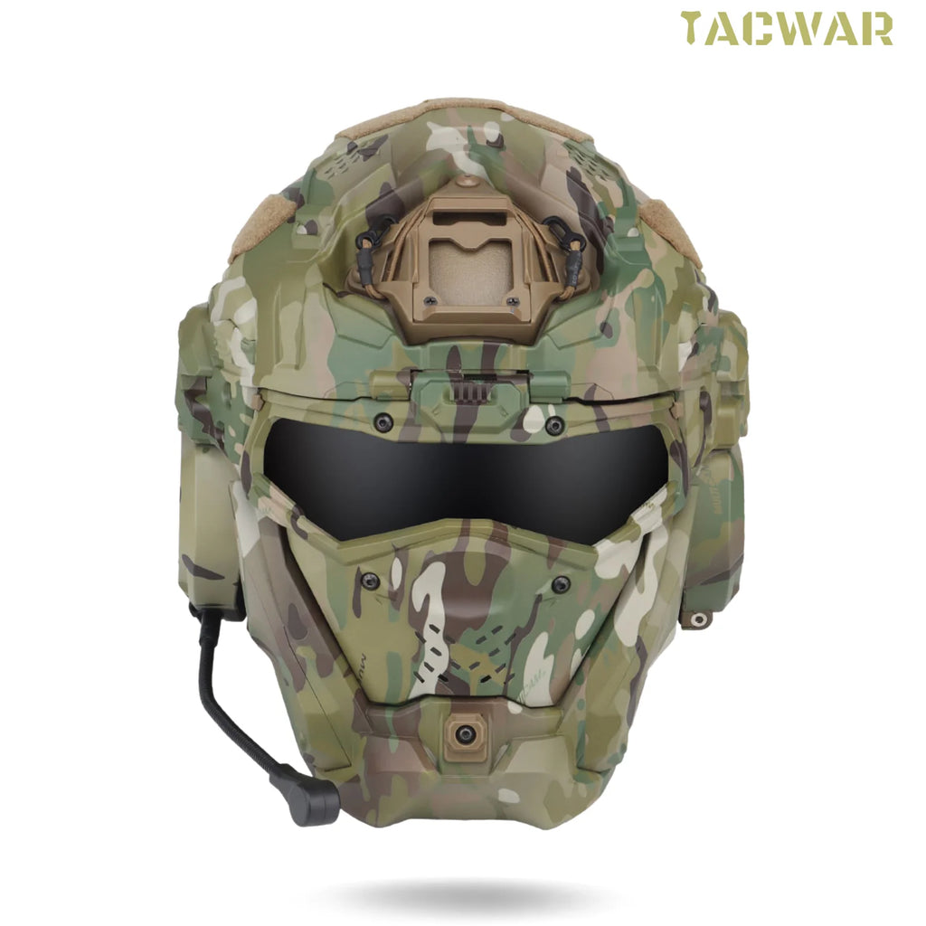 Assault Ⅱ Airsoft Helmet Full Face, Tactical Helmet with HD Headset Anti-Fog Fan 2 Pairs Lens Flip Mask for Outdoor CS