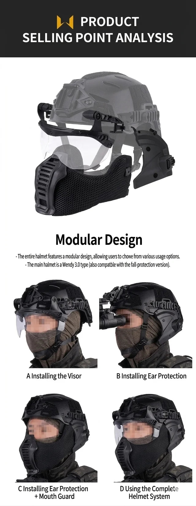 Tactical Wendy 3.0 Fast Helmet with Half Mask Respirator, Flip Goggles and Ear Protection System for Airsoft Hunting Training