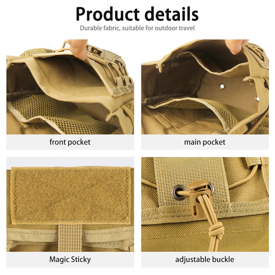 Outdoor equipment storage bag with multiple compartments and tools, comes with side mesh pockets and adjustable shoulder straps