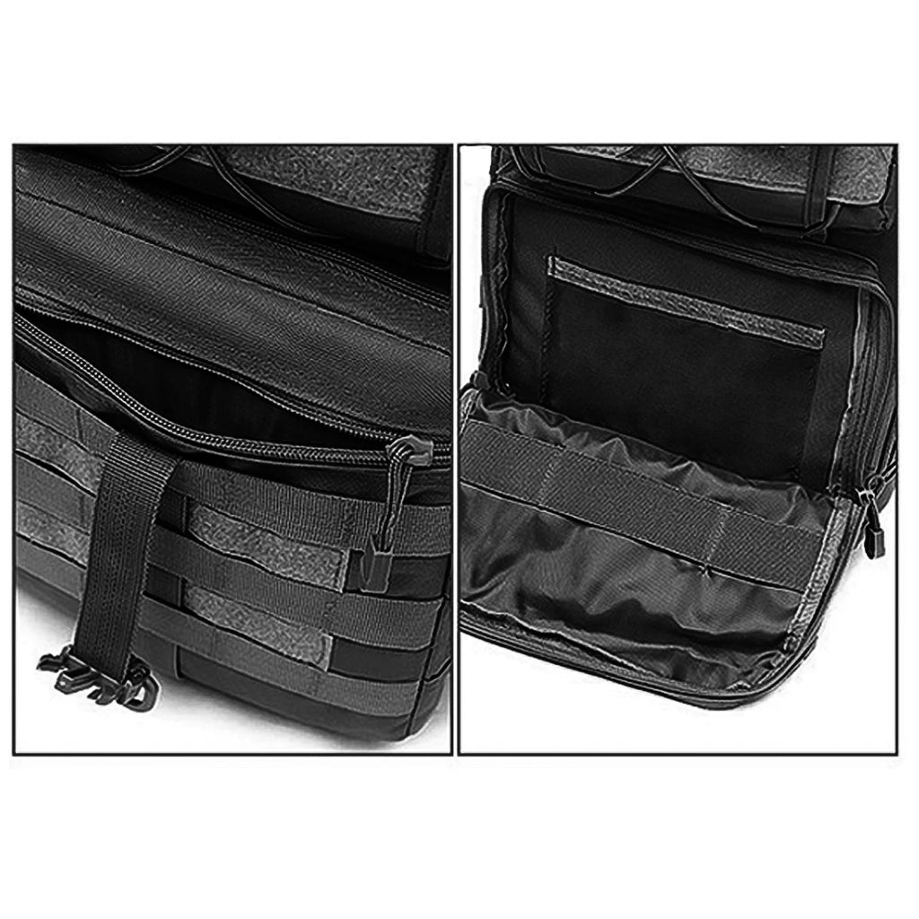 Large capacity shoulder crossbody bag and chest bag with multiple zipper compartments and MOLLE expansion system