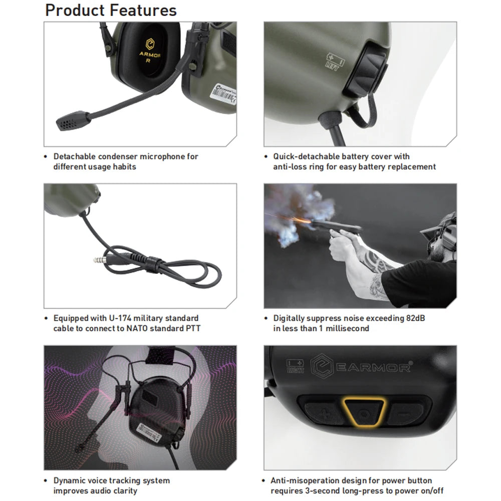 EARMOR Tactical Noise-Canceling Earmuff M32 SE Hunting Electronic Hearing Protection Headset with PTT&Helmet ARC Bracket